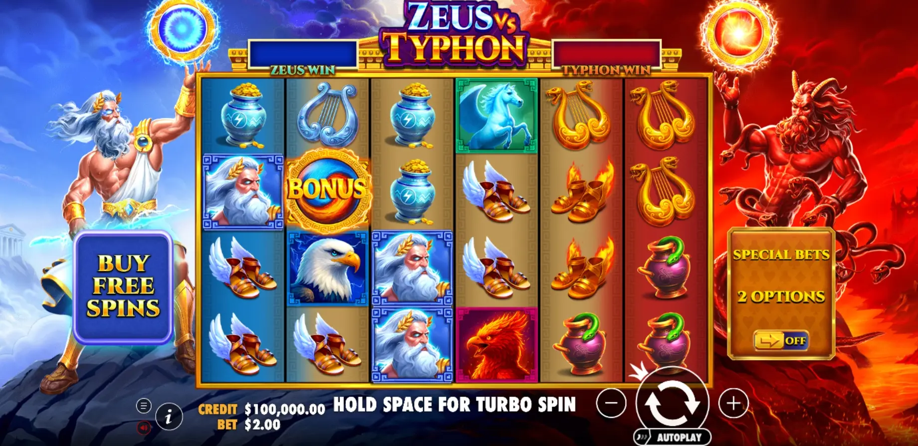 Zeus vs Typhon slot gameplay — interface do jogo com 6 rolos